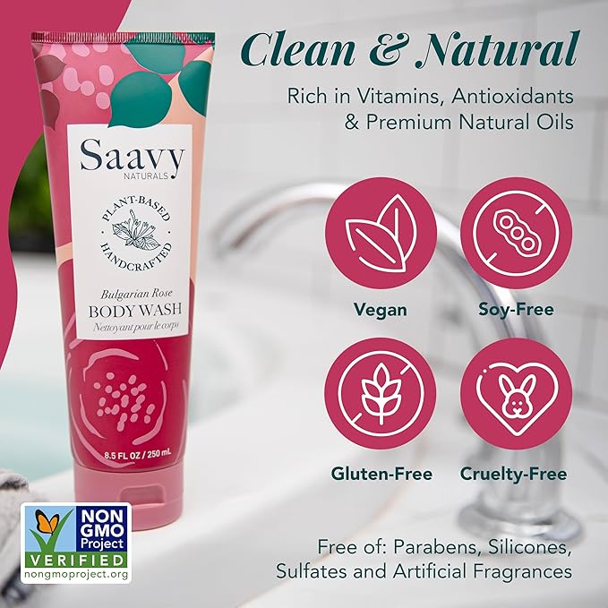 Saavy Naturals Body Wash Bulgarian Rose Plant-Based Ingredients- Made In USA - Sensitive Skin Body Washl Organic Formula With Coconut Oil, Shea Butter, And Aloe Vera - 8.5 Fl Oz, 2 Pack