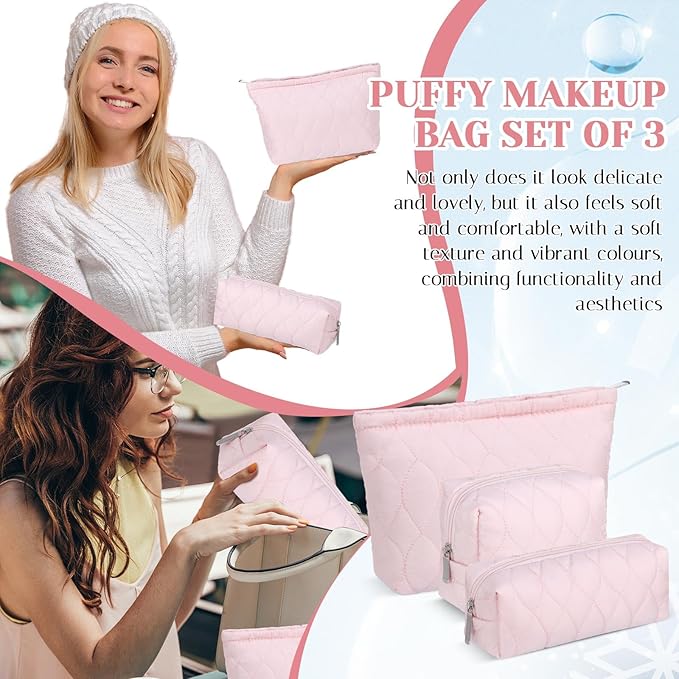 Huhumy 3 Pcs Puffy Makeup Bag Quilted Cosmetic Pouch for Women Cute Water drop Travel Toiletry Bag Puffer Makeup Organizer Purse Pouch Preppy Pencil Case with Zipper(Light Pink)
