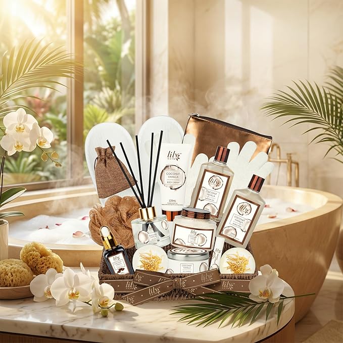 Valentines Day Gifts Bath and Body Gift Basket Set for Women - Coconut Vanilla Gift, Spa Gift Basket 17-Piece Bath Gift Set Self Care Gift for Mothers Day, Fathers Day, Birthday, Christmas Gifts