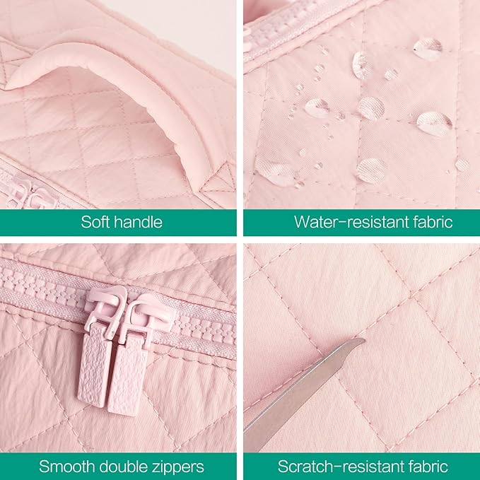 RunaFun Travel Makeup Bag for Women, Puffer Quilted Open Flat Makeup Organizer with Toiletry Bag, Portable Cosmetic Case for Travel & Daily Use，Pink