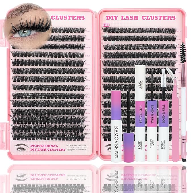 Lash Clusters Kit, 560 Pcs Eyelashes Clusters Kit 9-16mm Individual Lash Extension Kit D Curl Fluffy Wispy False Eyelashes (80D+100D, Lash Clusters Kit)