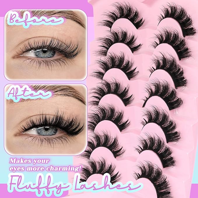 Losha Lashes Wispy False Eyelashes Fluffy Cat Eye Lashes 7 Pairs C Curl Lashes Strips Wet Look 10-17mm Fake Eyelashes with Lash Spikes (FC01)