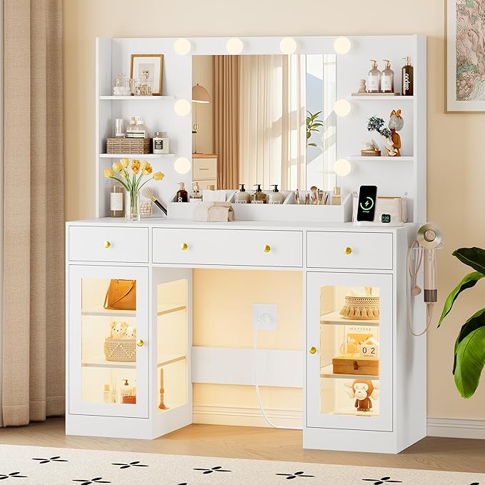Vanity Desk With Mirror and Lights, Makeup Vanity Set with 3 Storage Drawers & Adjustable Shelves, Dressing Table with RGB Cabinets & Charging Station, 3 Lighting Modes for Women Kids Bedroom, White