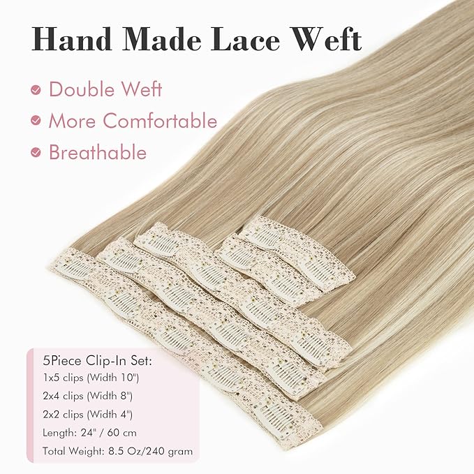 REECHO Clip in Hair Extensions, Hair Extensions Thick Long Lace Weft Lightweight Synthetic Hairpieces for Women (24 Inch-240 Gram(Pack of 5), Ash Brown with Blonde Highlights)