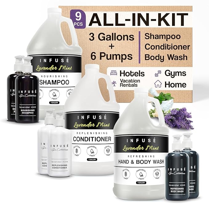 Infuse Lavender Mint Gallon & Dispenser Set | 1-Shoppe Amenities Kit | Shampoo, Conditioner, Body Wash | Refillable 10.14 oz Pump Bottles