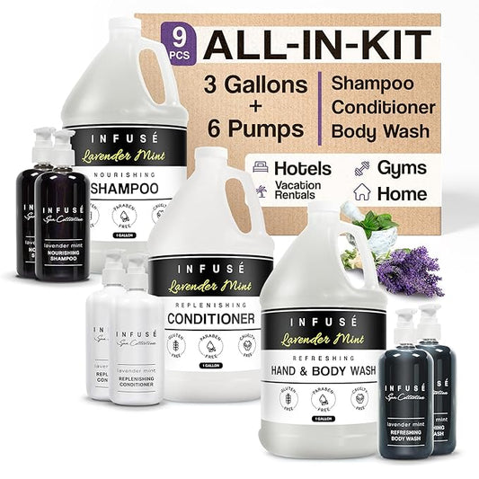 Infuse Lavender Mint Gallon & Dispenser Set | 1-Shoppe Amenities Kit | Shampoo, Conditioner, Body Wash | Refillable 10.14 oz Pump Bottles
