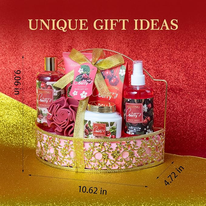 Bath & Body Basket Set, Cherry Fruit Scent Spa Gift Basket with Shower Gel, Lotions for Women Gift Set, Spa Kits for Christmas Valentine's Birthday Gift All Occasion Holiday Gift Idea Luxury Bath Set