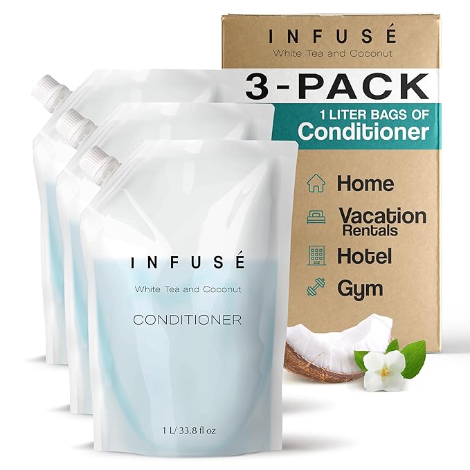 INFUSÉ 1 Liter Conditioner Refill Bag For Soap Dispensers | Bulk Toiletries for Vacation Rentals, and Home Bathroom Showers | White Tea and Coconut | Set of 3