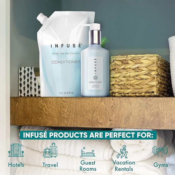 INFUSÉ 1 Liter Conditioner Refill Bag For Soap Dispensers | Bulk Toiletries for Vacation Rentals, and Home Bathroom Showers | White Tea and Coconut | Set of 3