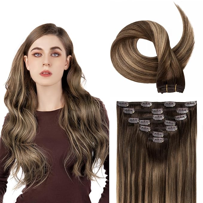 Clip in Hair Extensions Real Human Hair, Invisible Clip In Hair Extensions 100% Human Hair, Balayage Chocolate Brown to Caramel Blonde #4TP27/4 24Inch 120G 7PCS