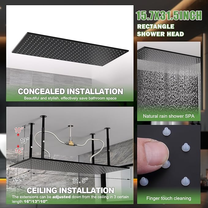HOMEDEC Dual Side 6" Wall Mounted and 15.7x31.5" Shower Head System, with Handheld and 6 Spray Jets, Ceiling Mount Rain Shower Faucet Set, Black