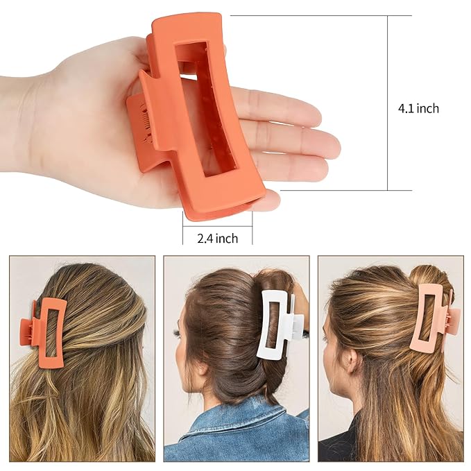 4 Inch Big Hair Claw Clips 6 Pcs Large Claw for Thick Hair Square Hair Clips for Women Rectangle Hair Clips Nonslip Acrylic Banana Jaw Clips Hair Accessories for Girls (Orange)