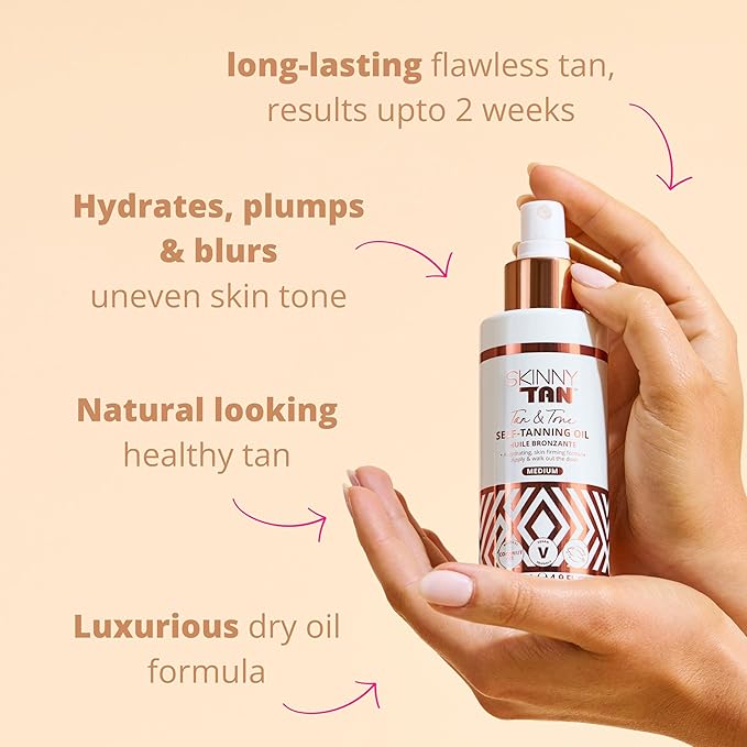 Skinny Tan Tan and Tone Self Tanning Oil Spray - No Need to Rinse - Hydrating and Toning Self Tanner for Healthier Looking Skin - Blurs Appearance of Stretch Marks - Medium Self Tan - 4.9 oz