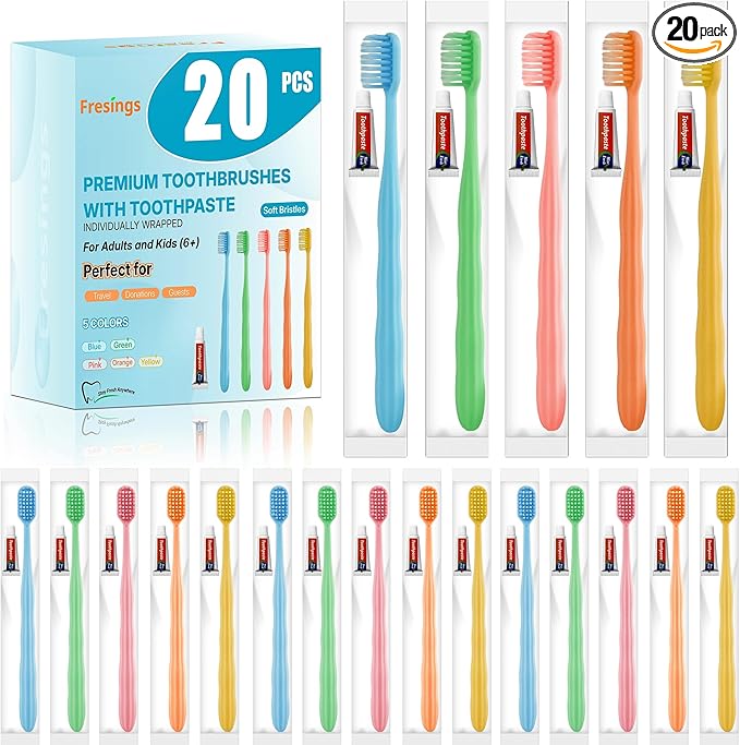20 Pack Disposable Toothbrushes with Toothpaste, Individually Wrapped, Soft PBT Bristles, Peanut Grip Handle, Fluoride-Free, Bulk Travel Kit for Hotel, Guests, Emergency, Adults & Kids