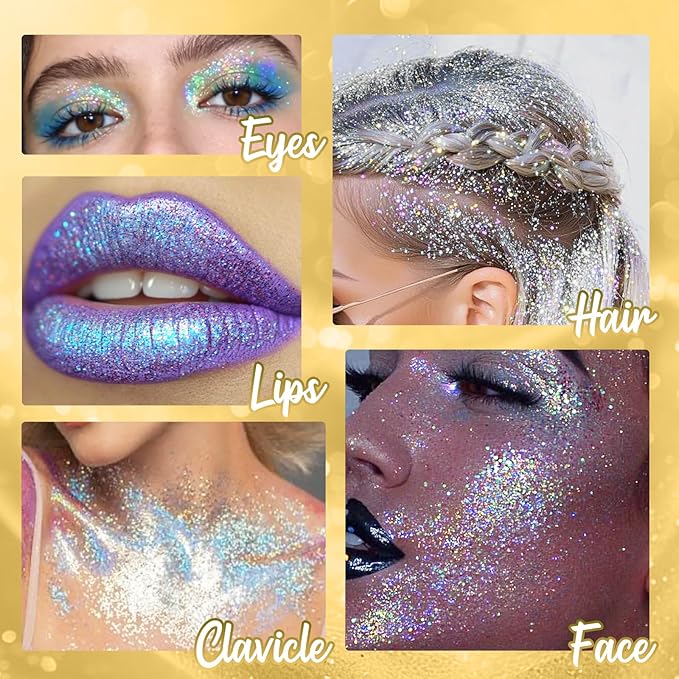 Gold Rolling Glitter for Face Body & Hair, Sparkling Holographic Chunky Shimmer, Roll-on Sequins for Singer Concert Mardi Gras Rave Festival Halloween Party Carnival, 1.35fl.oz