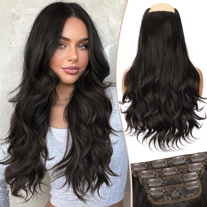 Kookastyle Clip in Hair Extensions, Natural Long Layered Soft Invisible Synthetic Curly Wavy Hairpieces for Women,4 pcs(20 Inch,Rich Dark Brown Silky Shine)
