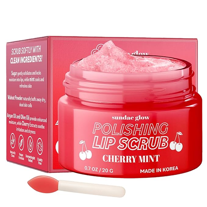 Sundae Glow Lip Scrub with Cherry Mint – Gentle Exfoliation, Deep Hydration & Lip Repair – Softens & Revitalizes Dry Cracked Lips – Dermatologist Tested, Korean Skin Care – Clean Beauty – 1 Pack