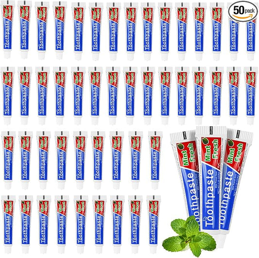 0.28 oz Small Travel Size Toothpast Bulk - Pack of 50,Disposable Mint Flavor 0.8x3.14 inches Single Use Mini Toothpaste for Hotel,Camping,Homeless,Charity,Guests,Office,Vacation