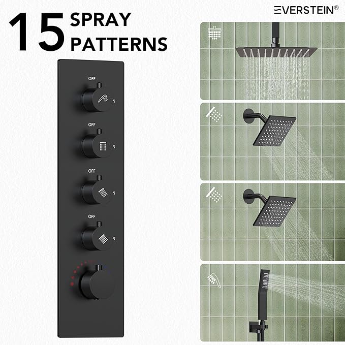 EVERSTEIN Thermostatic Shower system, 16, 6 in. Bathroom Shower Set Wall Mount Dual Shower Head Faucet in Matte Black