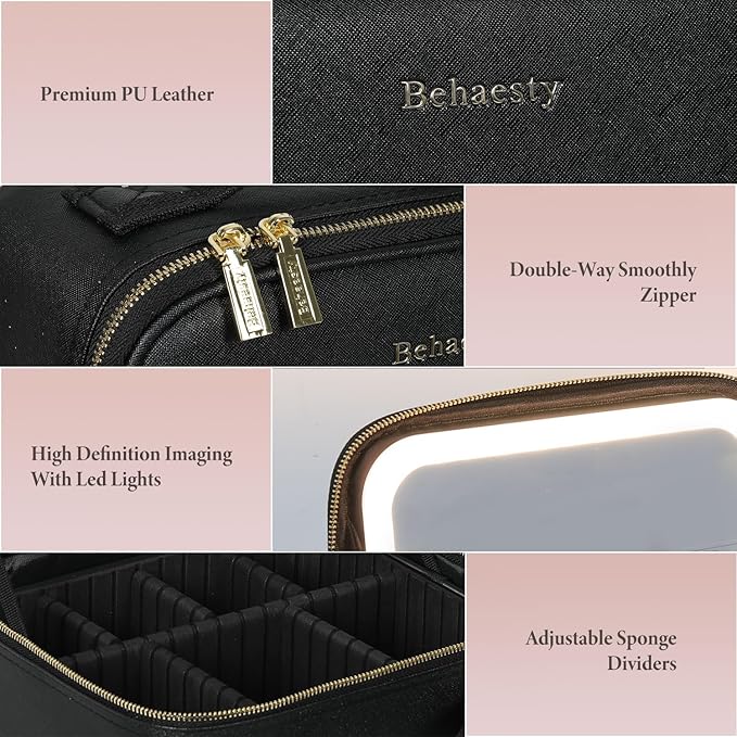 Behaesty Travel Makeup Bag with LED Lighted Mirror, Cosmetic Makeup Organizer Bag with 3 Color Setting, Makeup Train Case with Adjustable Dividers for Women Makeup Brushes Jewelry Accessories (Black)