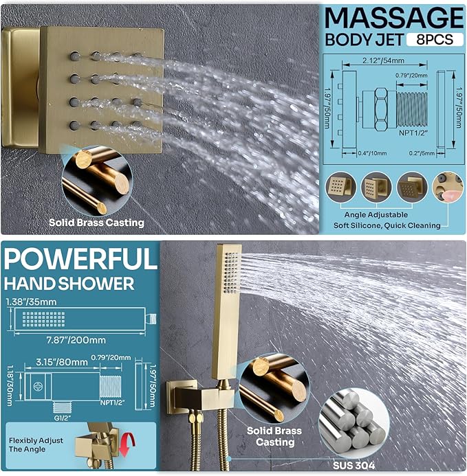 HOMEDEC Dual Shower System for Two, LED 14x20" & 6" Shower Heads, 4-Way Diverter Valves, Shower Faucet Set with Body Jets & Handheld, Brushed Gold