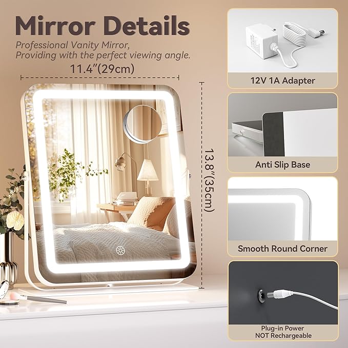 Hasipu Makeup Vanity Mirror with Lights, 12" L x 14" W LED Tabletop Make up Mirror for Desk, Lighting & Brightness Adjustment, 360°Rotation, 10x Magnification