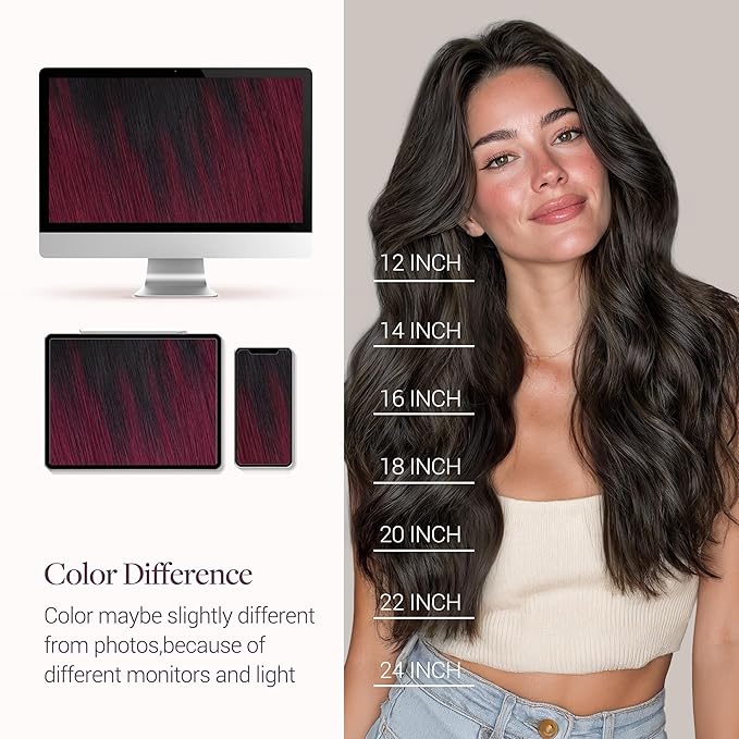 GOO GOO Invisi Edge Clip in Hair Extensions 16inch 120g 7Pcs Injected Seamless PU Clip in Hair Extensions, Virgin Real Human Hair, 1/99J Balayage Jet Black to Red