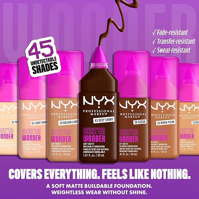 NYX PROFESSIONAL MAKEUP Make 'Em Wonder Liquid Foundation, 24HR Foundation Makeup With A Soft Matte Finish, Buildable Full Coverage - 33 Sienna