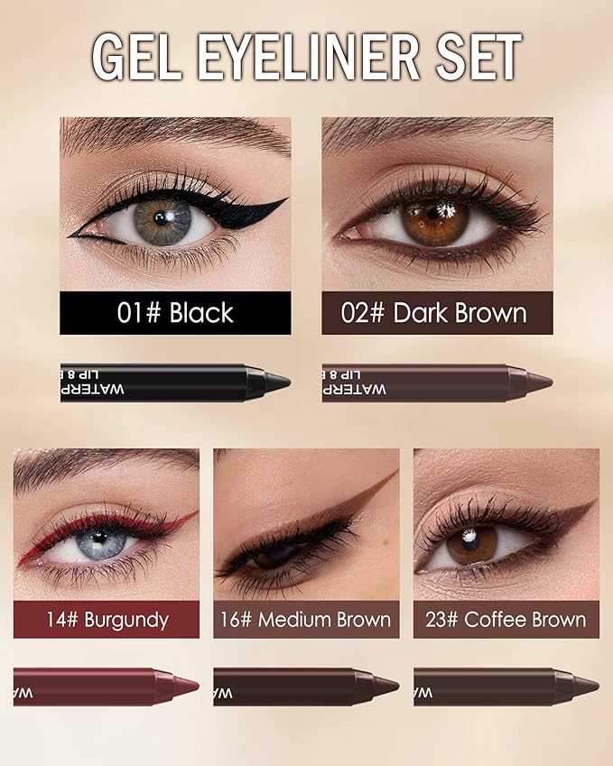 10 Pcs Gel Eyeliner Pencil Set, Black Brown Burgundy Waterline Waterproof Eye Liner, Eyeshadow Stick for Women, Cream Long Lasting Smudge Proof Eyeliner Pen Pack, Matte Makeup Pen with Sharpener-Set B