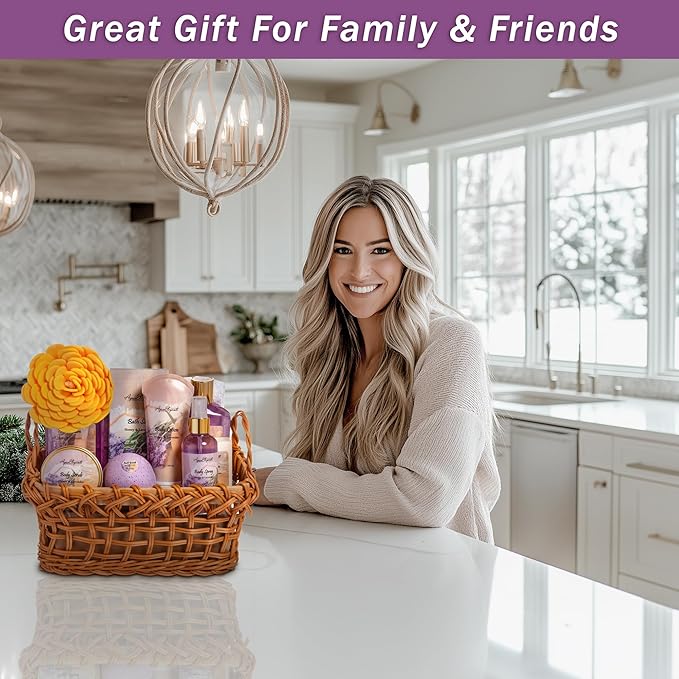 Spa Baskets For Women - Luxury Bath Set With Honey & Lavender - Spa Kit Includes Wash, Bubble Bath, Lotion, Bath Salts, Body Scrub, Body Spray, Shower Puff, Bathbombs, Soap and Towel