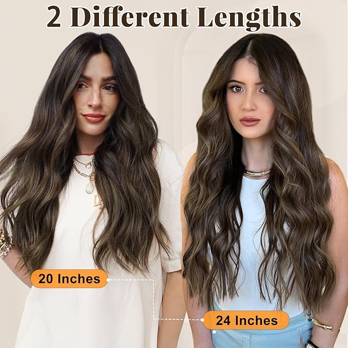 ALXNAN Clip in Hair Extensions for Women,Chocolate Brown with Dark Brown Long Wavy Hair Extensions Clip Ins 4PCS 24 Inch Synthetic Soft and Natural Thick Hair Pieces for Women