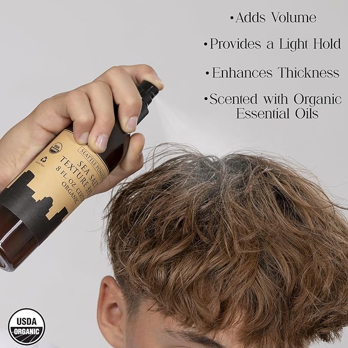 Seattle Pomade Co. Certified Organic Sea Salt Texture Spray. Made with organic materials from around the world.