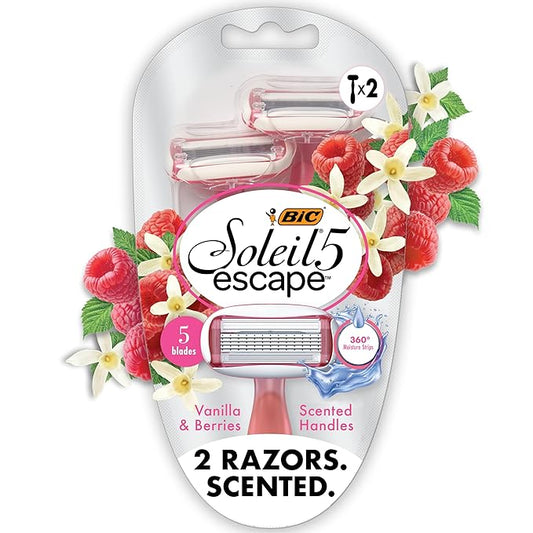 BIC Soleil 5 Escape Women's Disposable 5 Blade Razors, Vanilla and Berry Scented Handles, Comfort Shield, 2-Pack