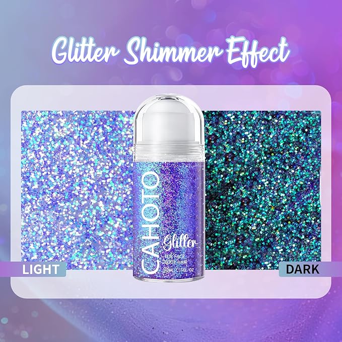 Purple Rolling Glitter for Face Body & Hair, Sparkling Holographic Chunky Shimmer, Roll-on Sequins for Singer Concert Rave Festival Halloween Party Mardi Gras Carnival, 1.35fl.oz