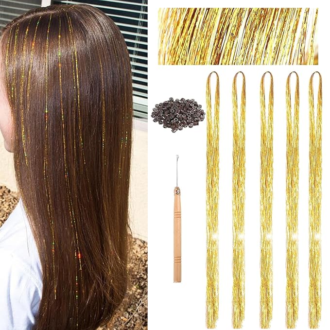 47" Holographic Hair Tinsel KIt Shining Gold Professional Sparkle Heat-Resistant Silk Extensions, Easy to Apply, Hair Accessories for Girls, Party Hair, Gifts for Girls (1000 Strands, Shining Gold)