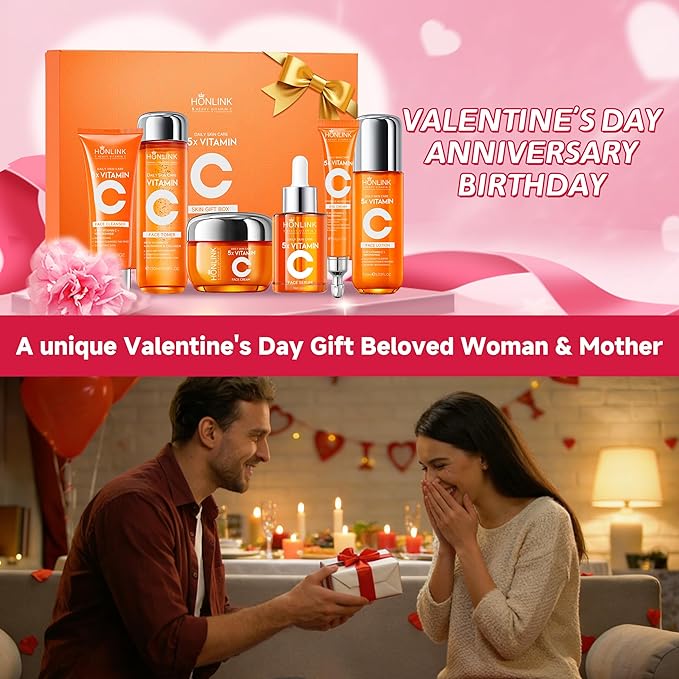 6-Piece Hydrating Skincare Set with Vitamin C & Niacinamide, Face Care Kit Includes Toner, Serum, Cleanser, Moisturizer, Eye Cream & Body Lotion | Valentine’s Day Gift for Women