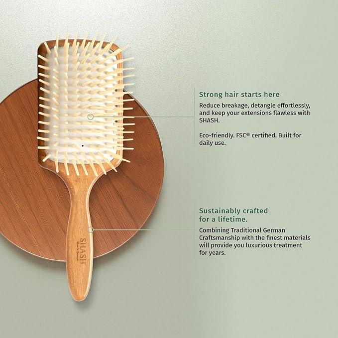 Made in Germany - SHASH Paddle Hair Brush for Hair Extensions, Thick And Curly Hair - Detangler With Long Pins & Rubber Cushion - Helps Detangle Knots, Eliminate Frizz, Reduce Pulling & Snagging