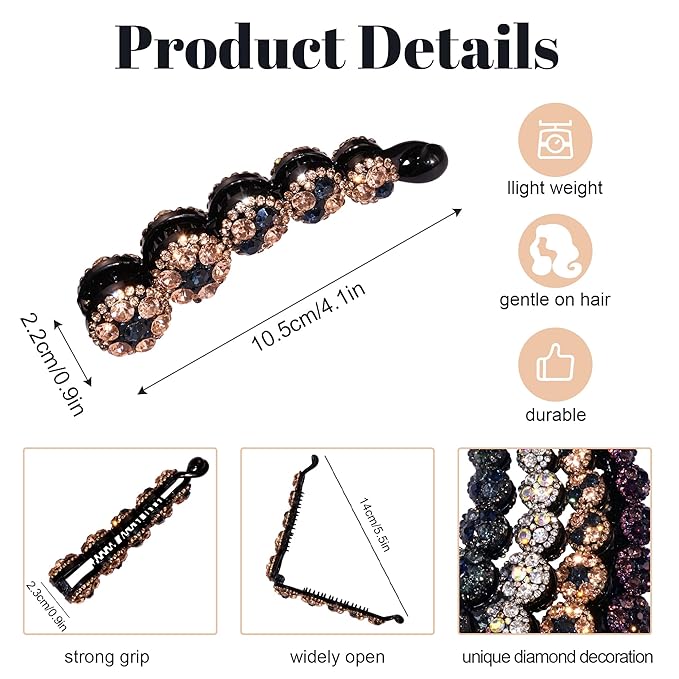 4 Pack Sparkly Rhinestone Banana Hair Clips for Fine/Medium Hair, 3.9 Inch Crystal Ponytail Holder, Bling Hair Combs for Half-Up Styling, Elegant Gemstone Accessories (Multicolor)