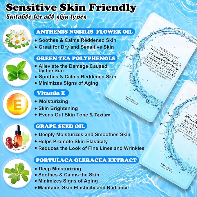 MISSEDSEN Collagen Face Mask with Hyaluronic Acid, Vitamin E Oil for Skin Care Hydrating, Moisturizing, Brightening & Anti Aging Face Masks Skincare for Oil, Dry, Acne, Sensitive All Skin Types 5PCS