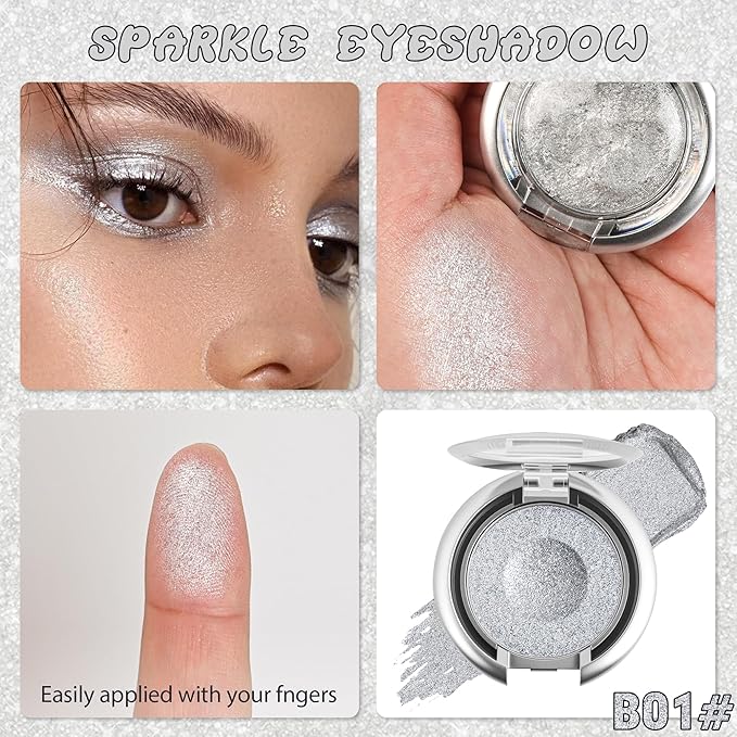Glitter Eyeshadow,Duochrome Holographic Silver White Shimmer Eye Shadow,Chameleon High Pigmente Sparkly Shadows Palette，Iridescent Metallic Eye Highlighter，Makeup for Rave，LongWear,01#