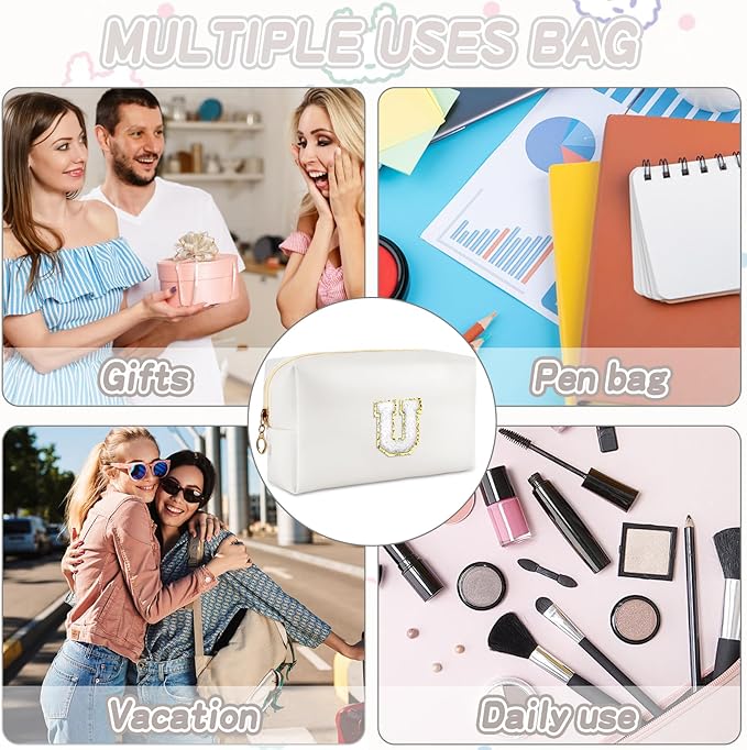 URSKYTOUS Gifts for Girls Initial Makeup Bag Personalized Cosmetic Bag with Zipper Cute Travel Toiletry Bags Waterproof PU Preppy Makeup Pouch Birthday Gift for Teen Girls Women(White U)