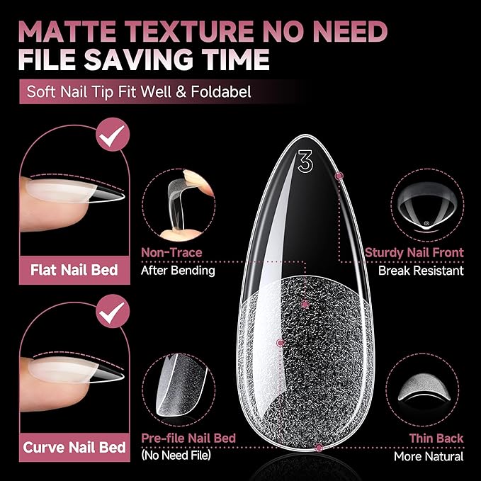 UNA GELLA Medium Almond Gel Nail Tips Half Matte 312pcs Almond Gel Nails No C Curve Clear False Fake Nails Effective Nail Extensions for DIY Art Salon-Level Press On Nails, 12 Sizes