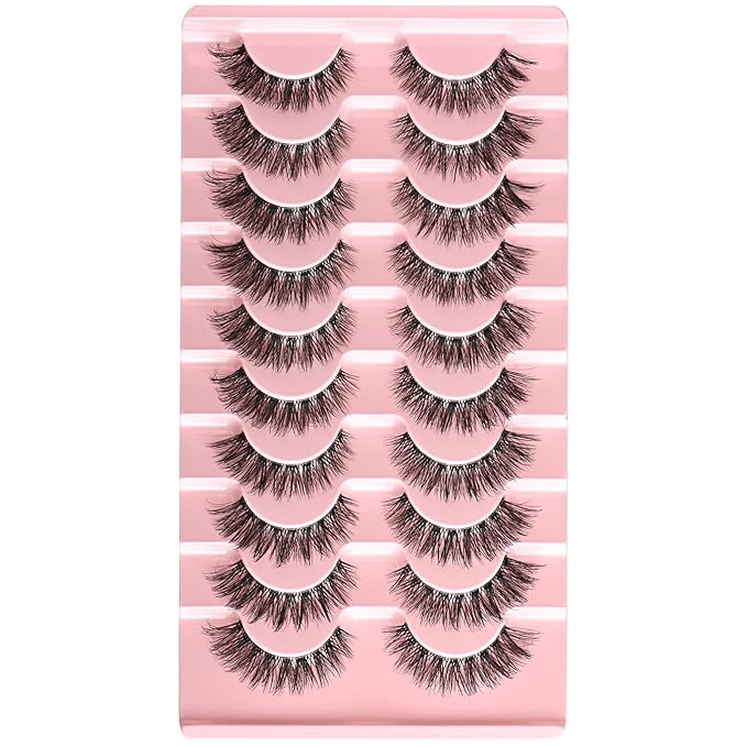 FARRED Natural False Eyelashes Cat Eye Lashes Strips Invisible Band Fake Mink Strip Lash Wispy Thin Clear Band Cateye Eye Lash Pack Full Volume Medium Length 8-14 mm Short Wispies Pestañas Postizas