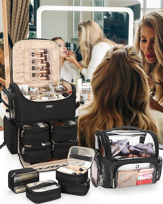 Relavel Rolling Makeup Train Case, Cosmetology Case on Wheels with 4 Clear Bags and Clear Makeup Brush Case, Professional Makeup Artist Set Bags Organizer with 360° Spinner Wheels