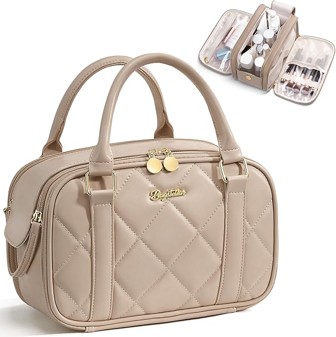 Bagstellar Travel Makeup Bag, Large Capacity Quilted Toiletry Bags for Women, Wide-open Cosmetic Bags Make Up Case Organizer Portable Pouch with Handle & Brush Holder for Traveling Accessories, Camel