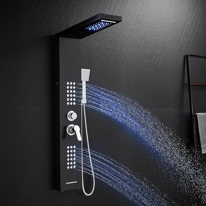 KINKIB LED Shower Panel Tower System Black with Rainfall Waterfall Shower Head, 5-in-1 Shower Tower with Powerful Body Jets, Handheld Shower and Tub Spout, High Pressure Shower Column Stainless Steel