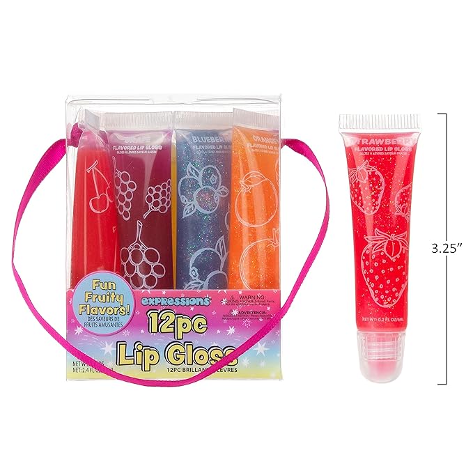 Expressions 24pc Lip Gloss Set, Flavored Lipgloss Squeeze Tubes with Carrying Case, Lip Gloss Set Value Pack, Assorted Fruit Flavored Lip Glosses, Kid-Friendly Non Toxic Makeup