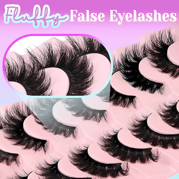 Losha Lashes Kit Volume False Eyelashes Fluffy Cat Eye Lashes 7 Pairs Crisscross Lashes Strips 8-18mm Thick Fake Eyelashes 3D Faux Mink Lashes (FC03 Kit)
