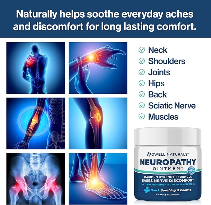 OWELL NATURALS Neuropathy Nerve Ointment for Feet, Fingers, Hands, Toes, Back, Legs & Arms - Fast-Acting Formula, Max Strength, Cooling Effect, 3.5 Fl Oz