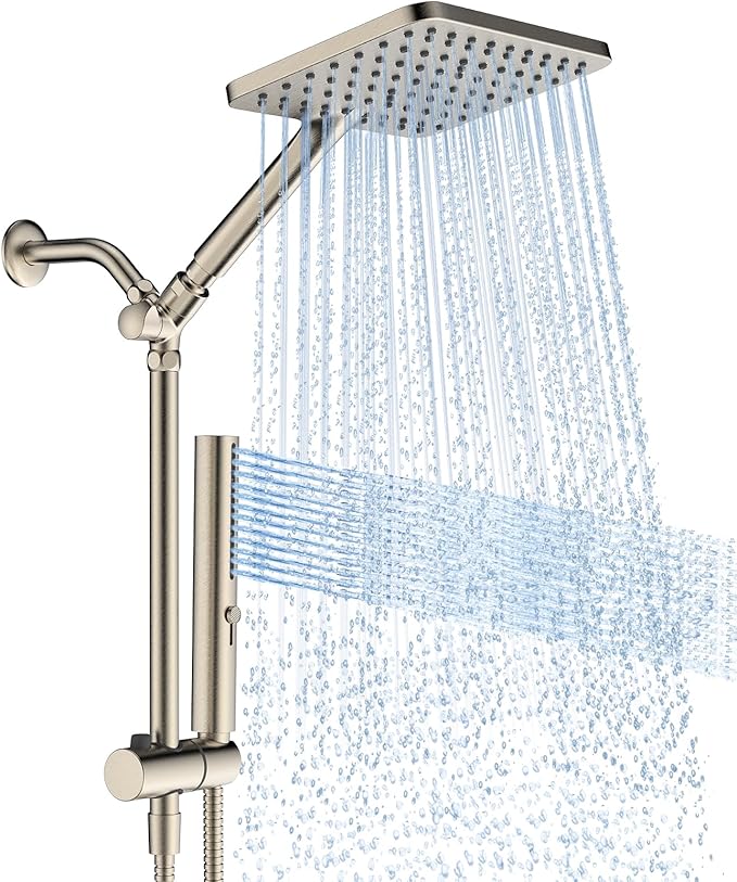 Hombeter Shower Heads with Handheld Spray Combo Brushed Nickel, 10 Inch High Pressure Rain/Rainfall Shower Head, Height Adjustable Dual 2 in 1 Shower Head System with Stainless Steel Hose